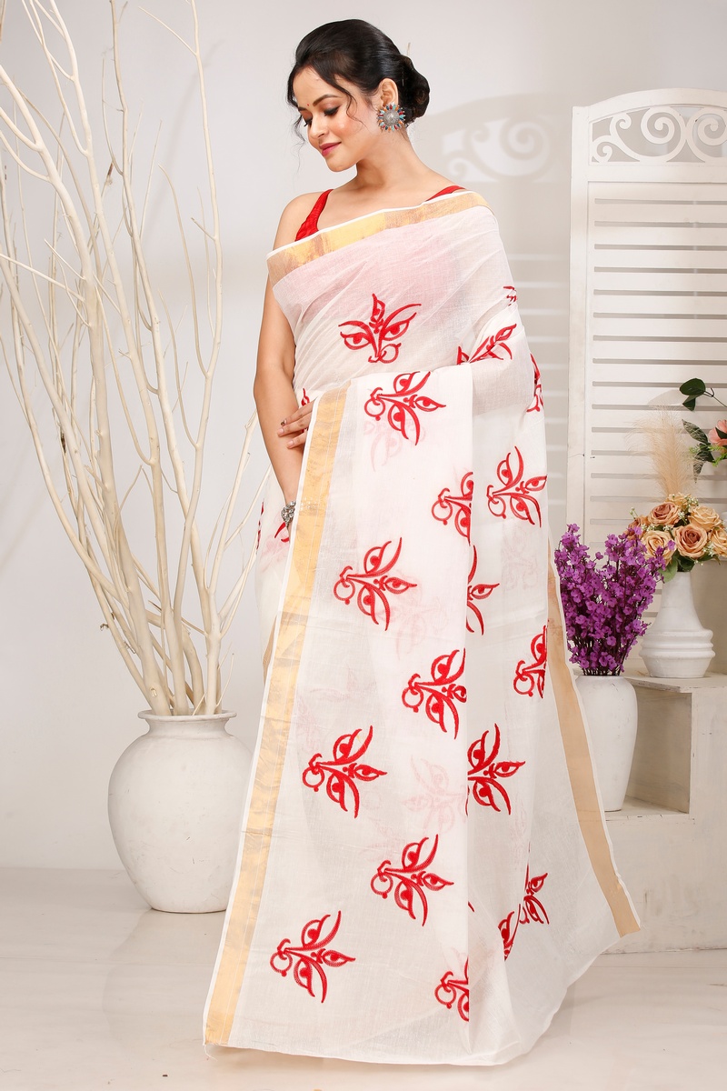 White Pure Cotton Leoto Tant Embroidery (1538)