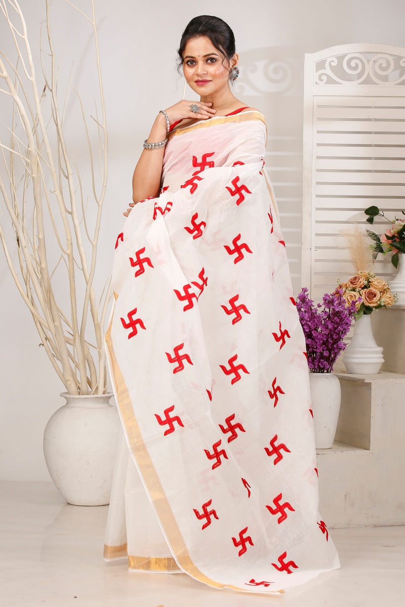 White Red Pure Cotton Leoto Tant Embroidery (1539)