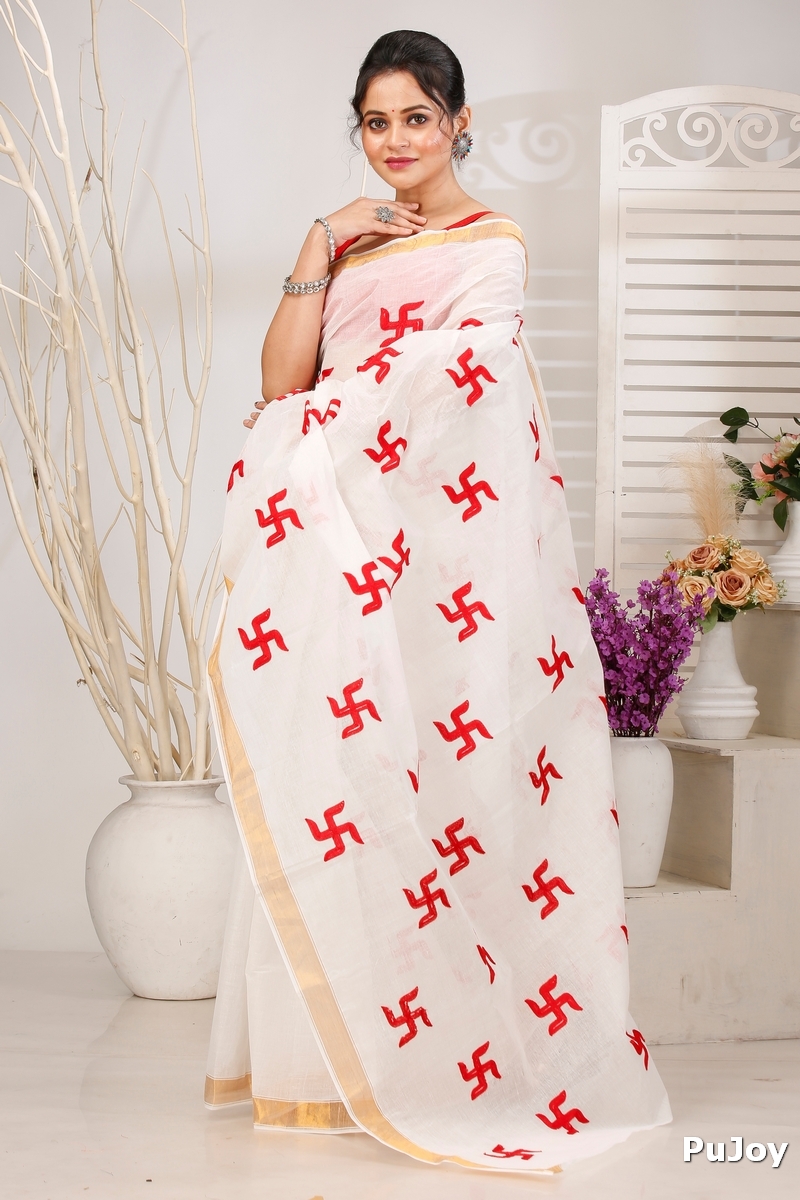White Red Pure Cotton Leoto Tant Embroidery (1539)
