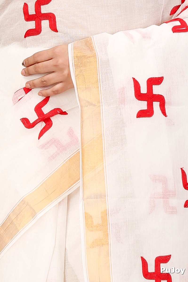 White Red Pure Cotton Leoto Tant Embroidery (1539)