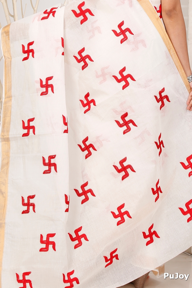 White Red Pure Cotton Leoto Tant Embroidery (1539)