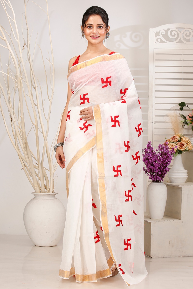 White Red Pure Cotton Leoto Tant Embroidery (1539)