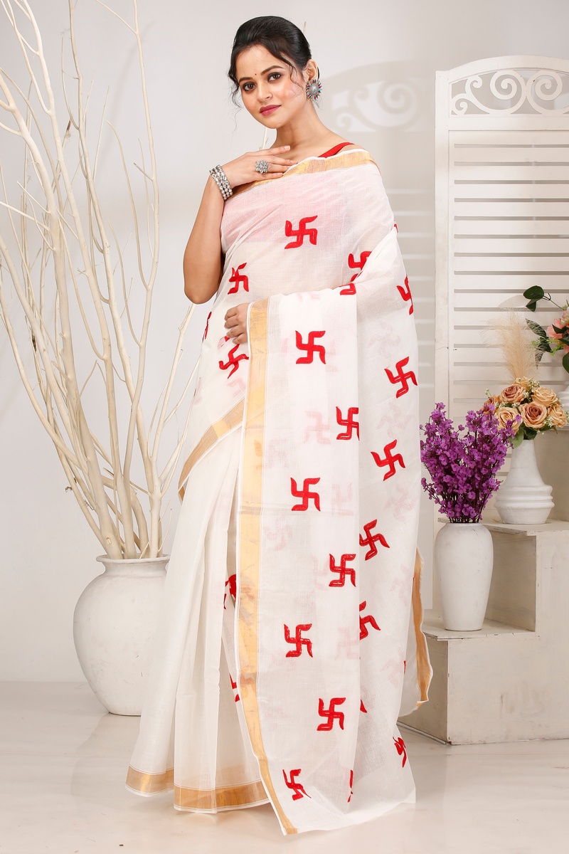 White Red Pure Cotton Leoto Tant Embroidery (1539)