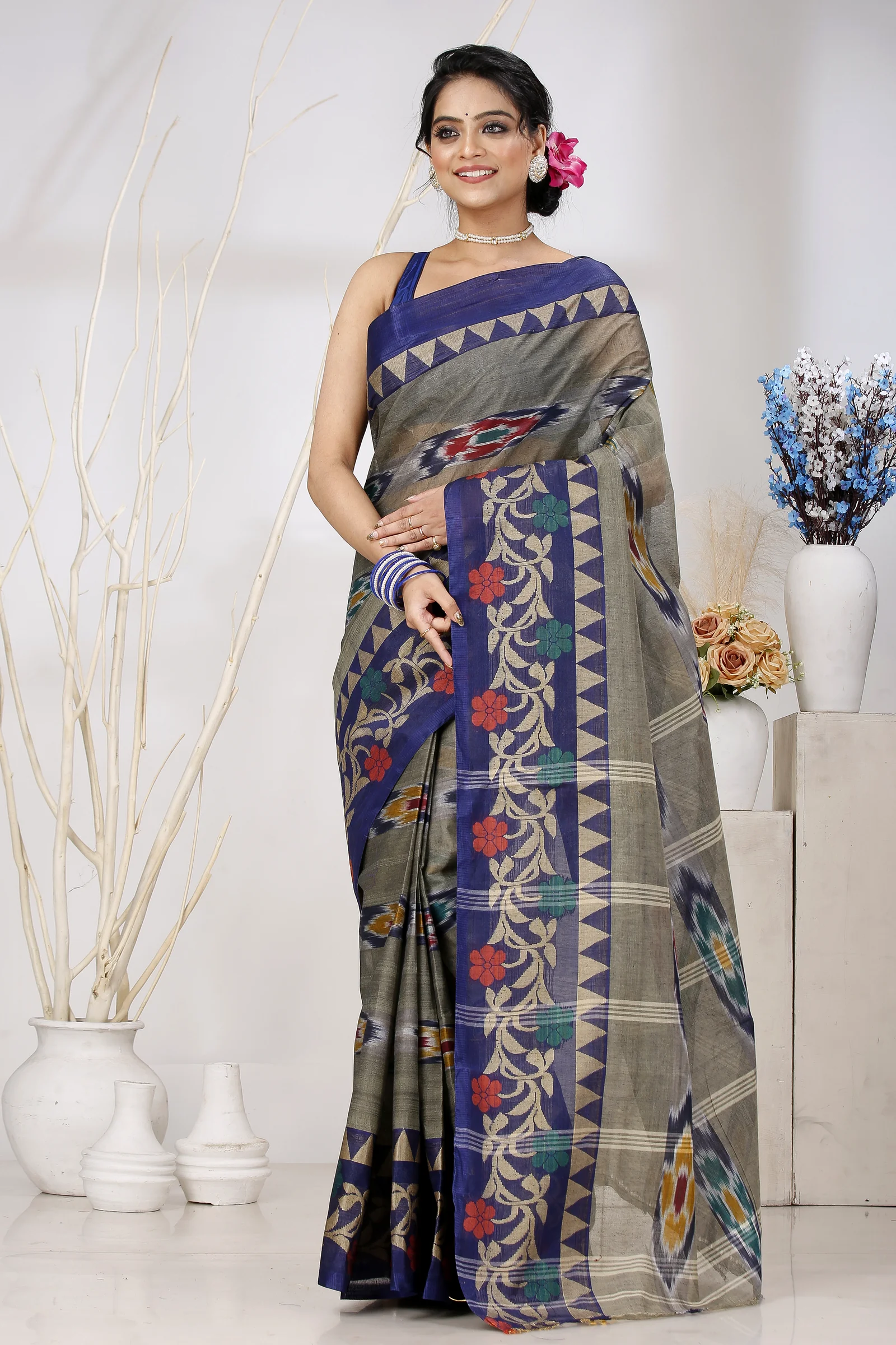 Grey Pure Cotton Mili Tant Saree (1544)