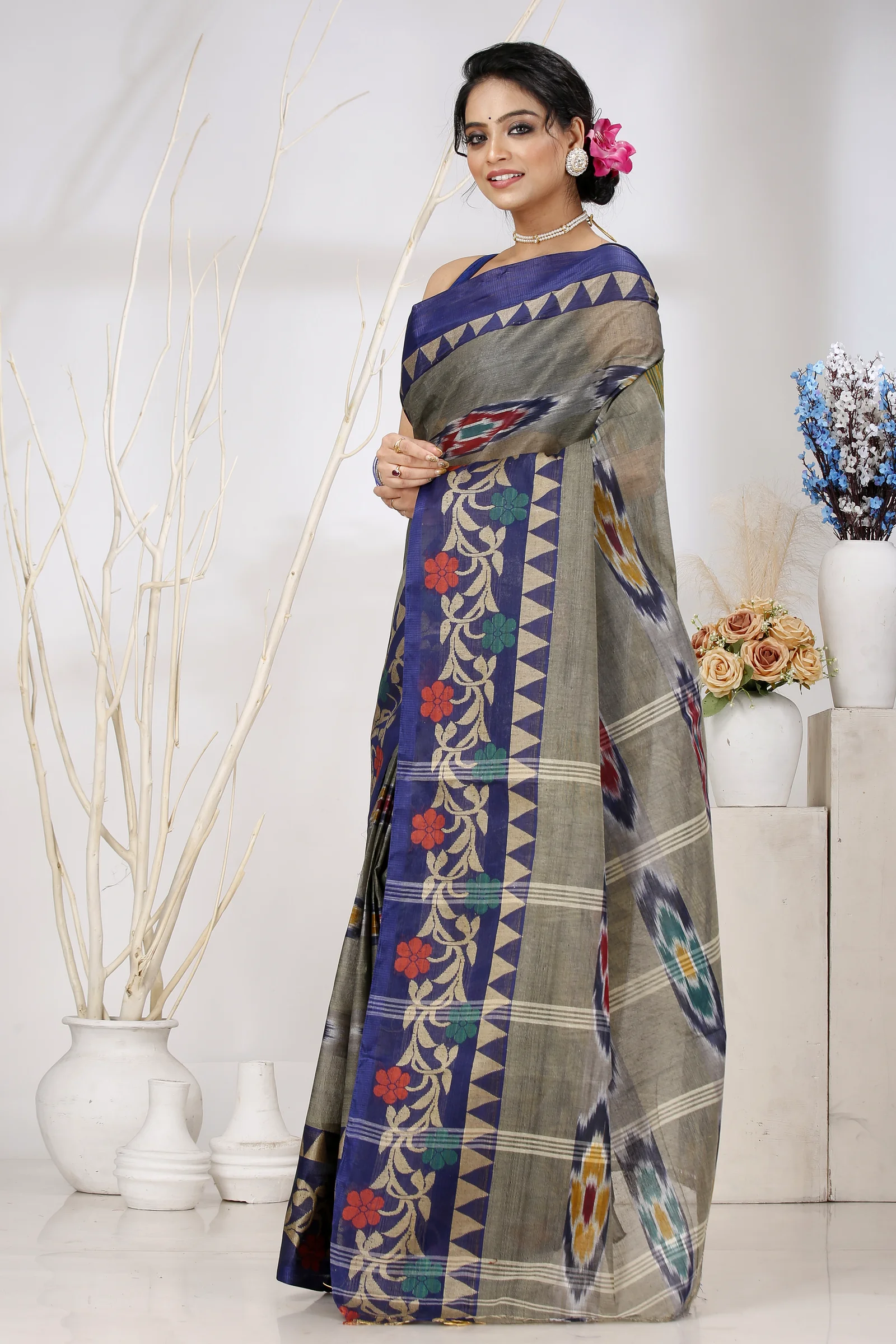 Grey Pure Cotton Mili Tant Saree (1544)