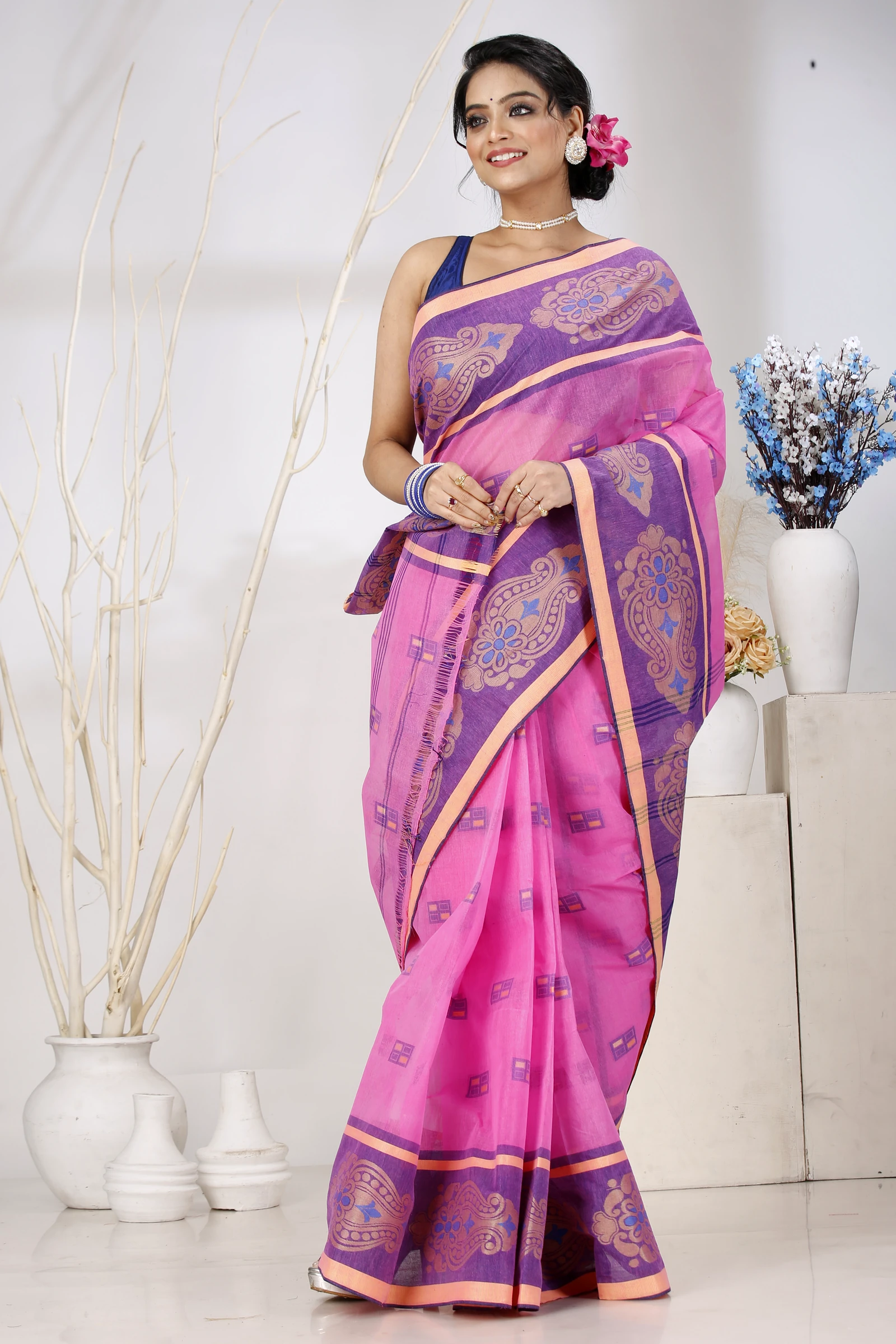 Pink Pure Cotton Mitul Tant Saree (1546)