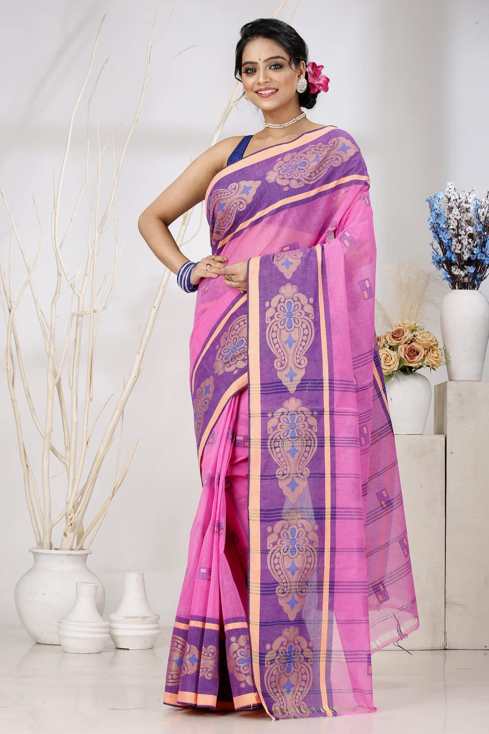 Pink Pure Cotton Mitul Tant Saree (1546)