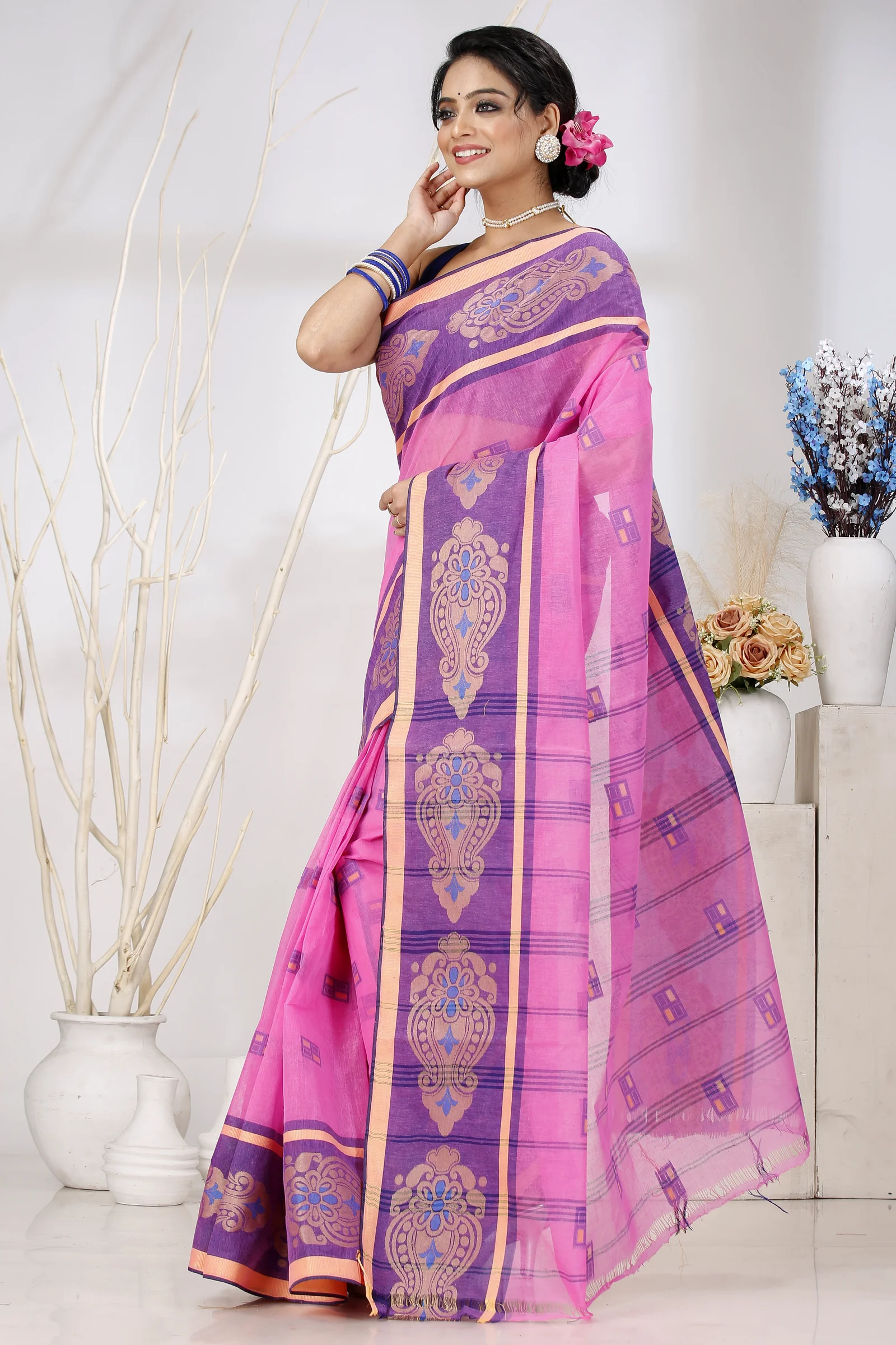 Pink Pure Cotton Mitul Tant Saree (1546)
