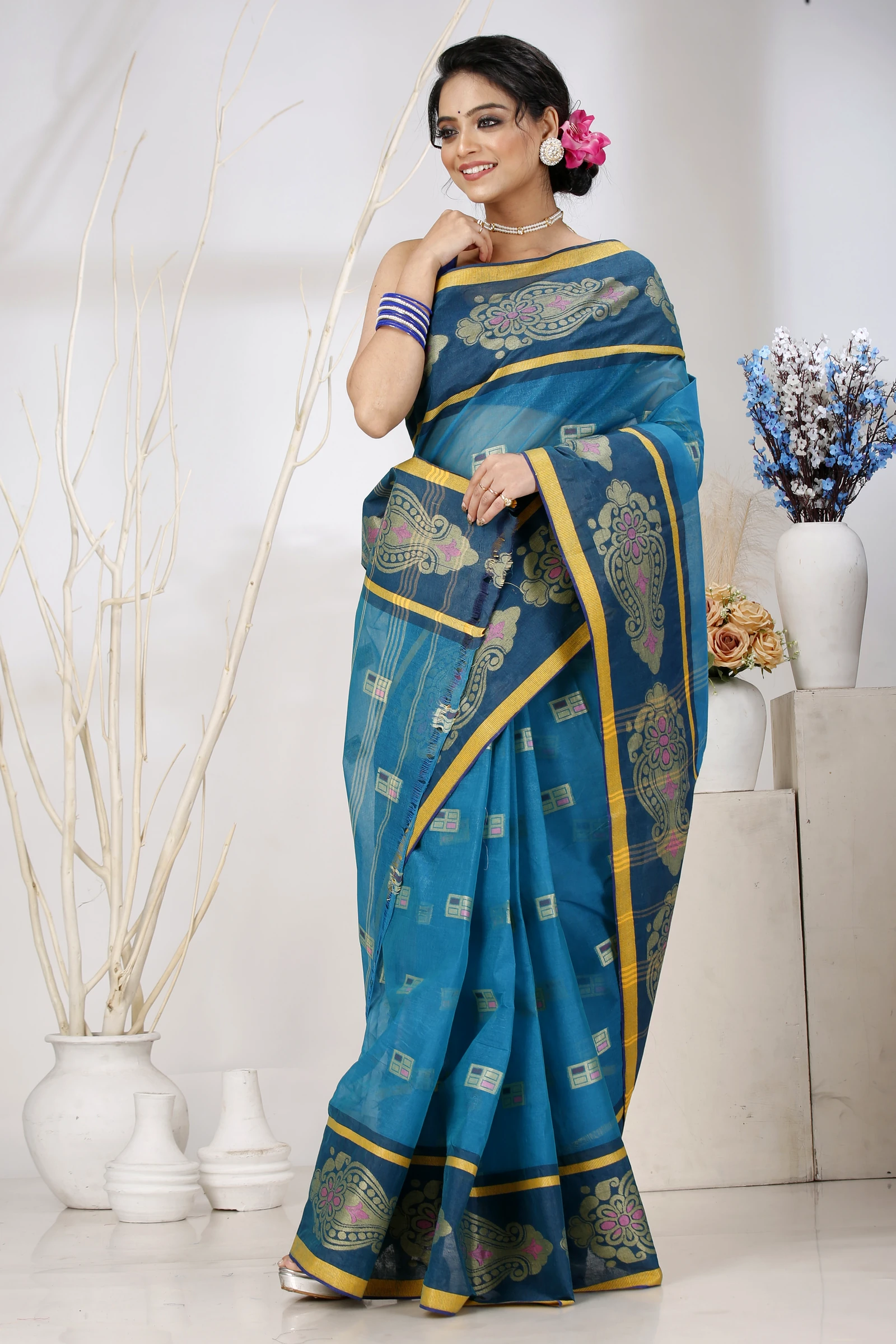 Dark Green Pure Cotton Mitul Tant Saree (1547)