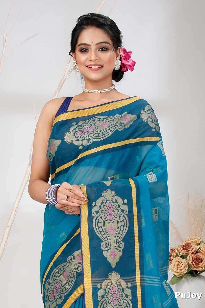Dark Green Pure Cotton Mitul Tant Saree (1547)