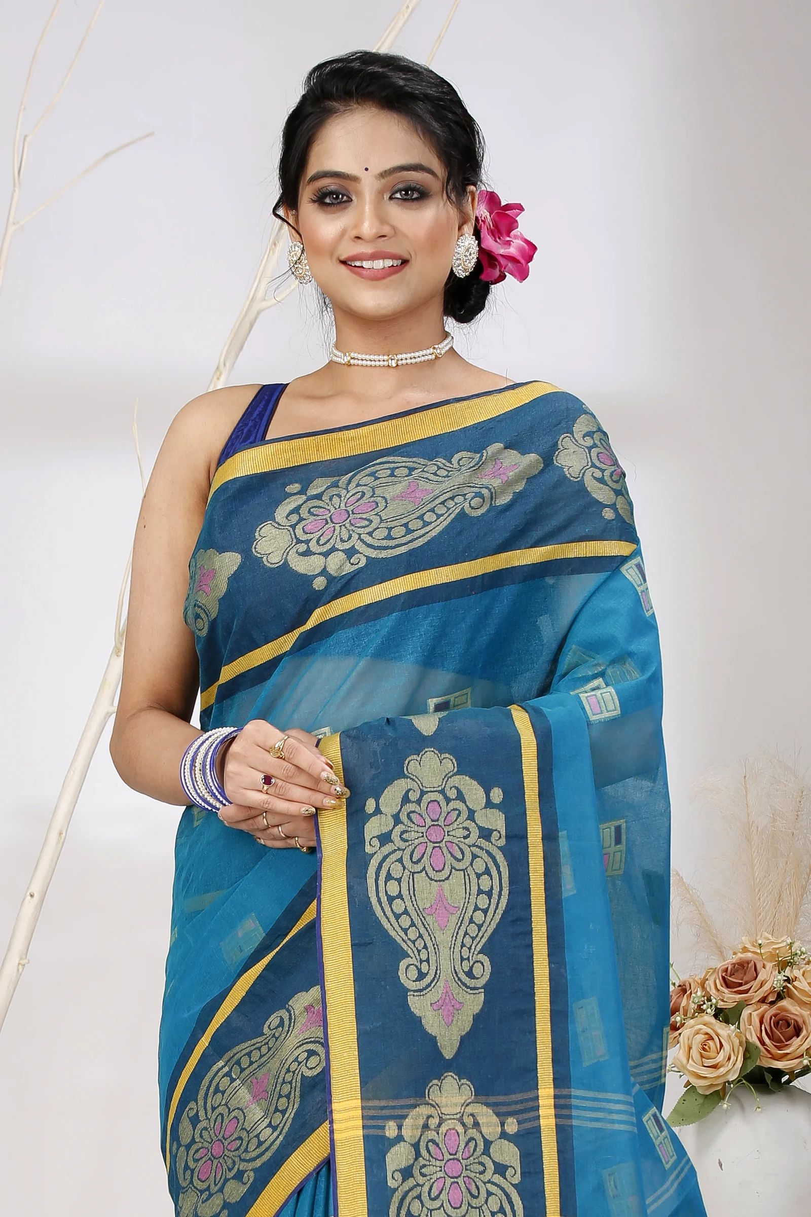 Dark Green Pure Cotton Mitul Tant Saree (1547)