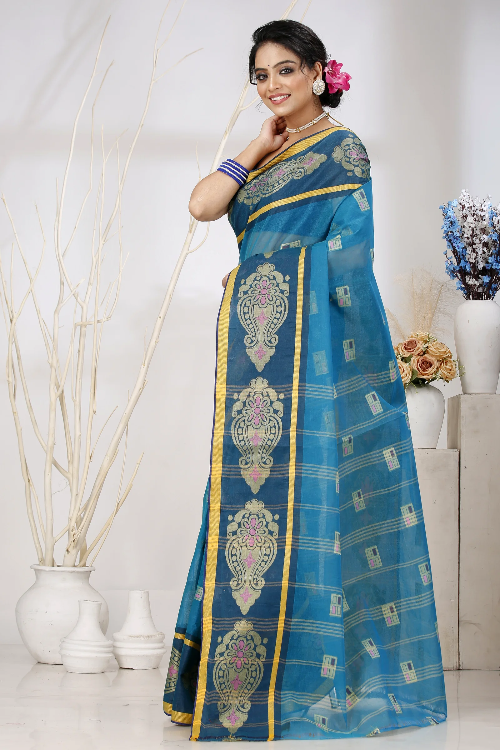 Dark Green Pure Cotton Mitul Tant Saree (1547)