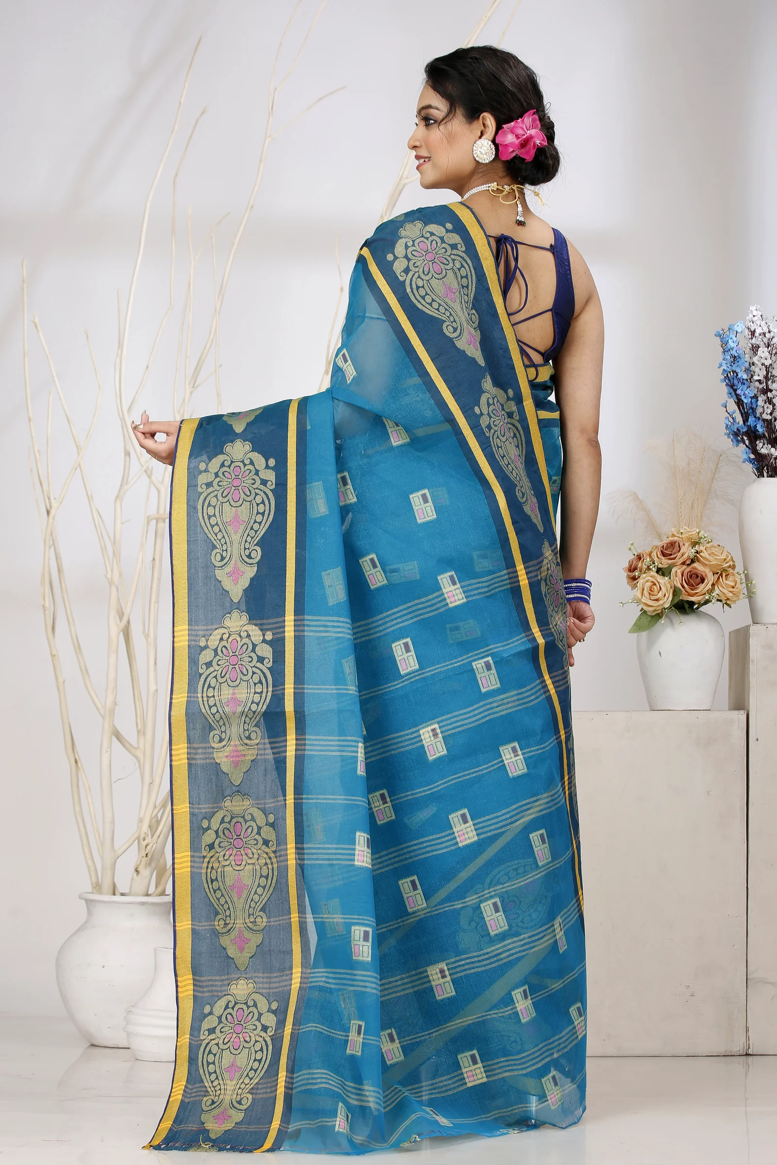 Dark Green Pure Cotton Mitul Tant Saree (1547)