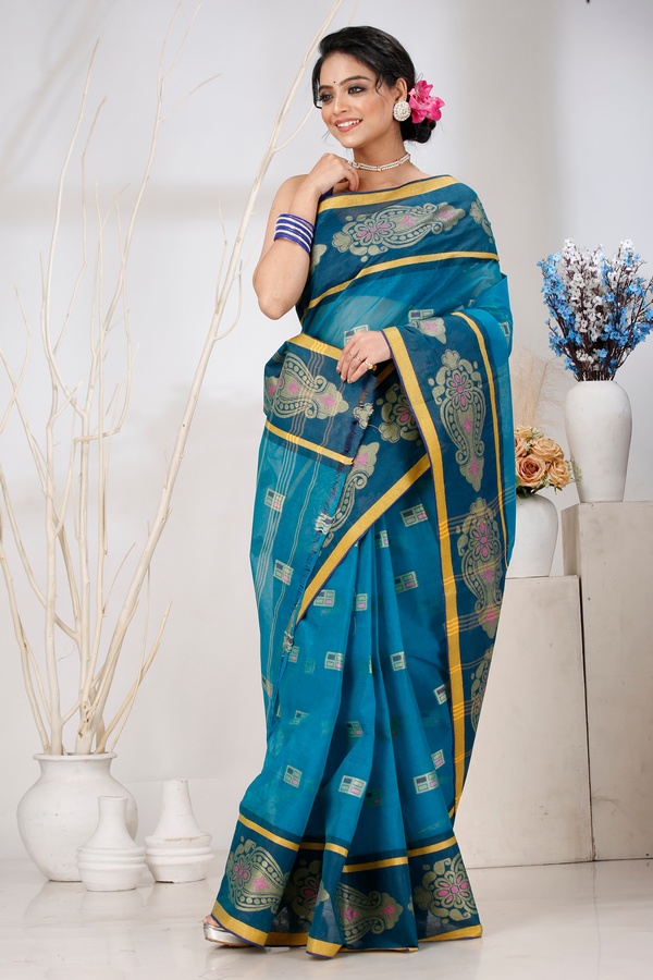 Dark Green Pure Cotton Mitul Tant Saree (1547)