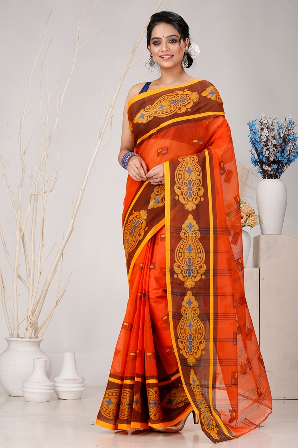 Orange Pure Cotton Mitul Tant Saree (1549)