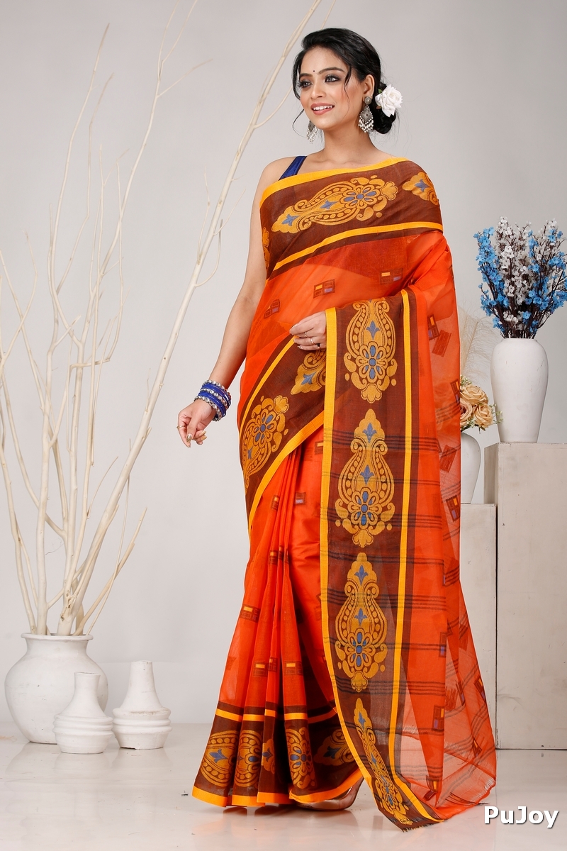 Orange Pure Cotton Mitul Tant Saree (1549)