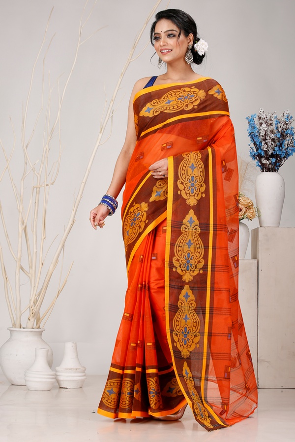 Orange Pure Cotton Mitul Tant Saree (1549)