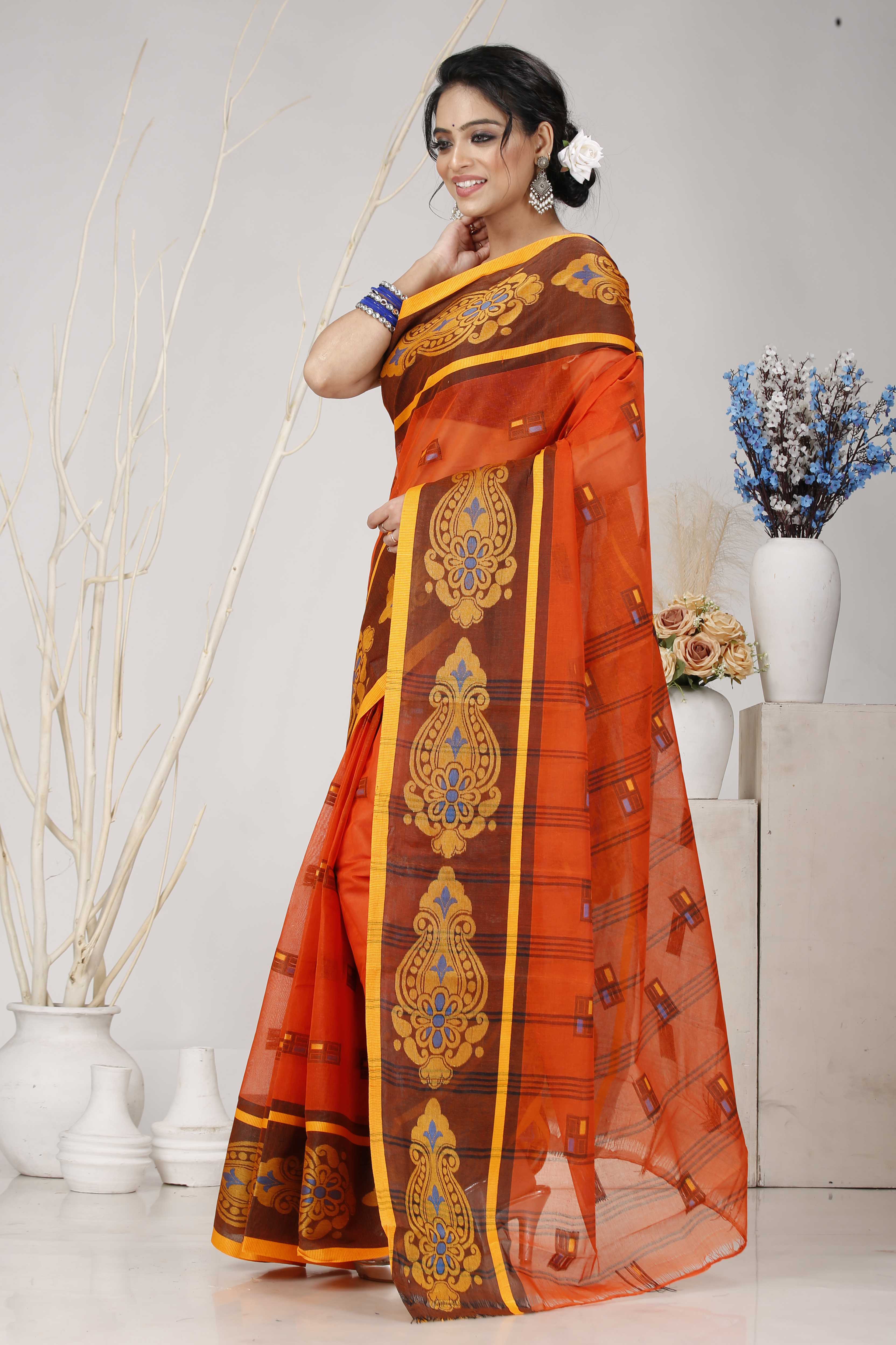 Orange Pure Cotton Mitul Tant Saree (1549)