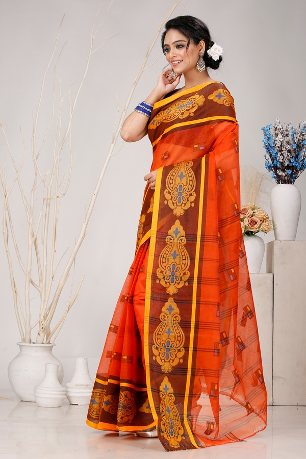 Orange Pure Cotton Mitul Tant Saree (1549)