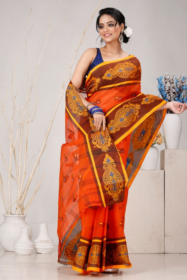 Orange Pure Cotton Mitul Tant Saree (1549)