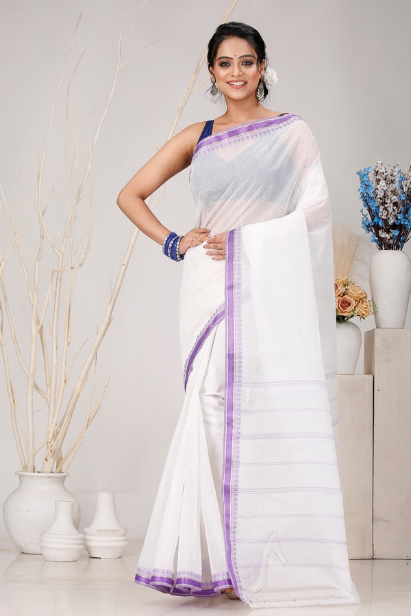 White Purple Pure Cotton Subra Tant Saree (1550)