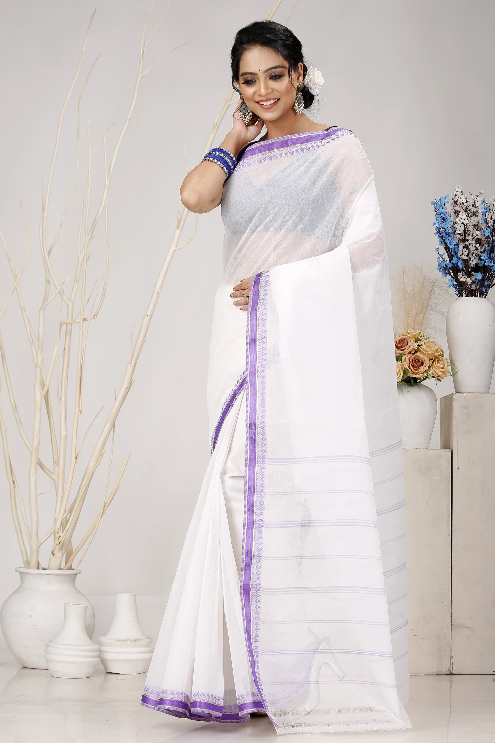 White Purple Pure Cotton Subra Tant Saree (1550)