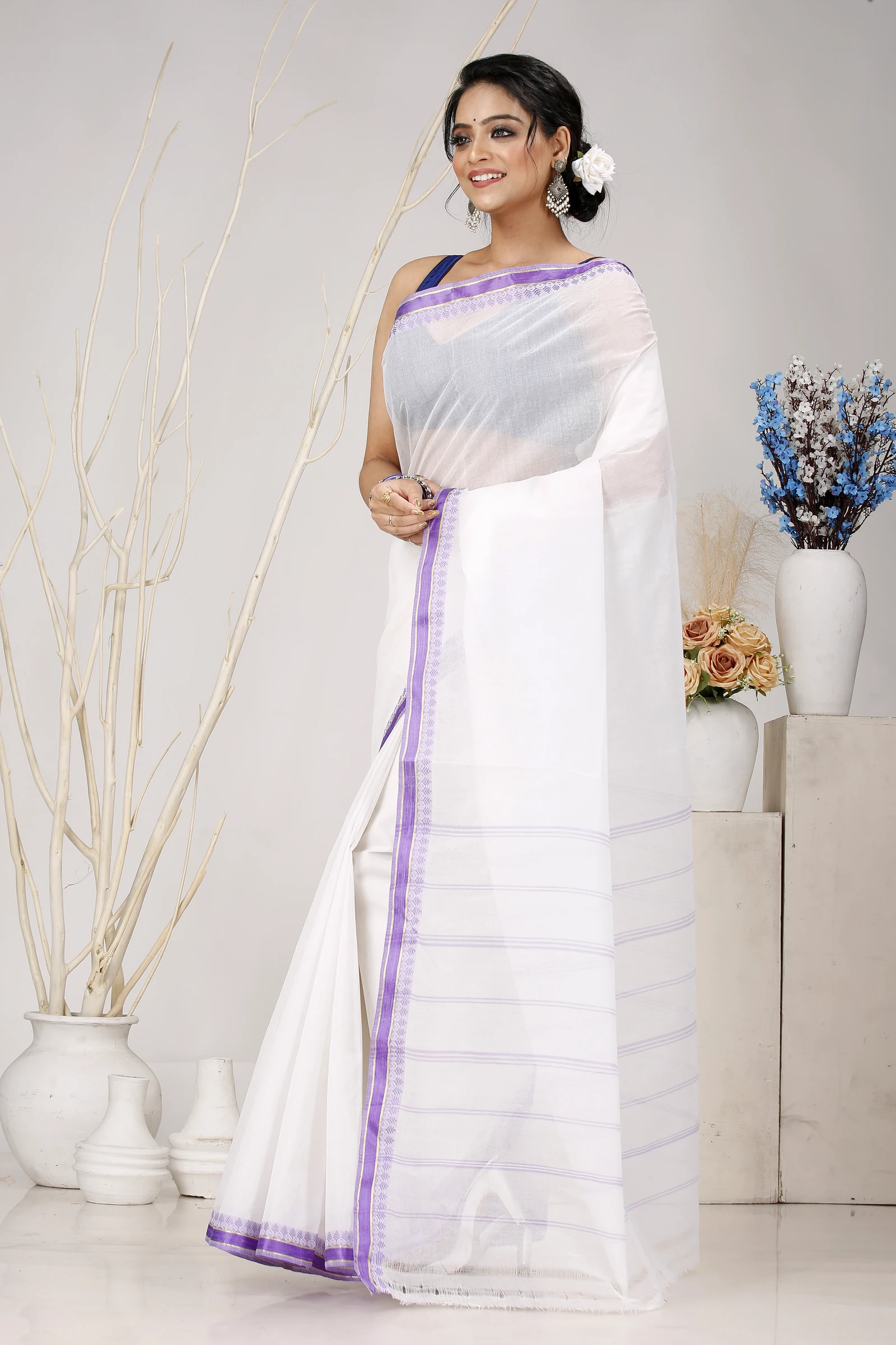 White Purple Pure Cotton Subra Tant Saree (1550)