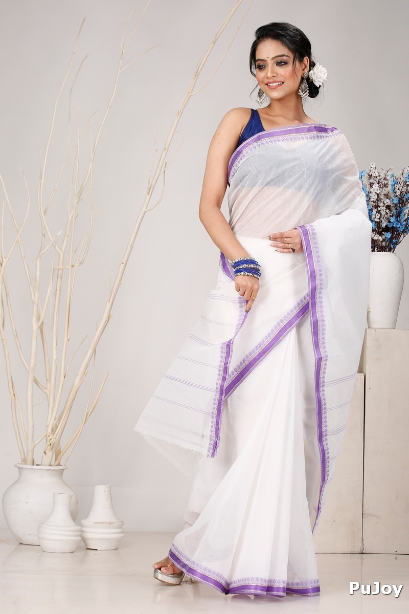 White Purple Pure Cotton Subra Tant Saree (1550)