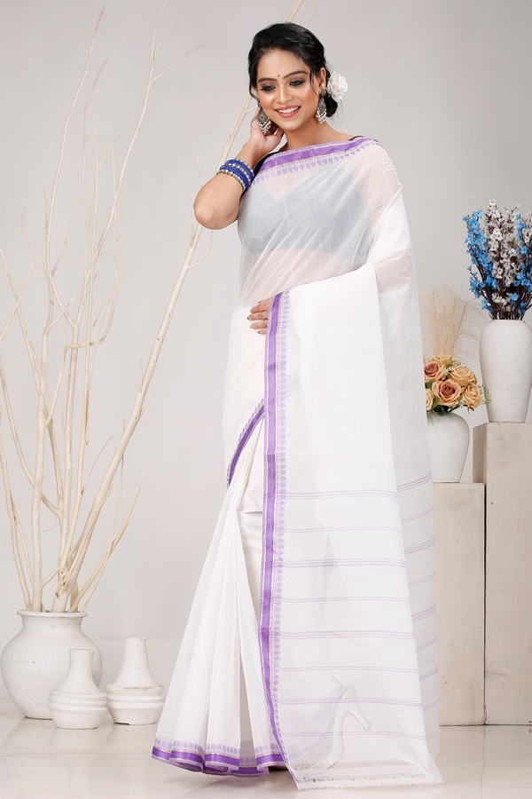 White Purple Pure Cotton Subra Tant Saree (1550)