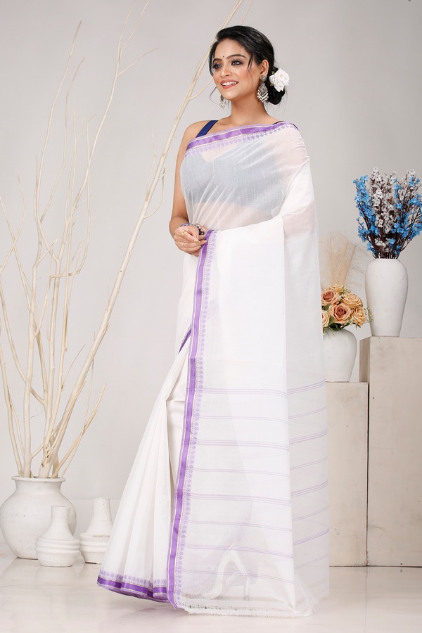 White Purple Pure Cotton Subra Tant Saree (1550)