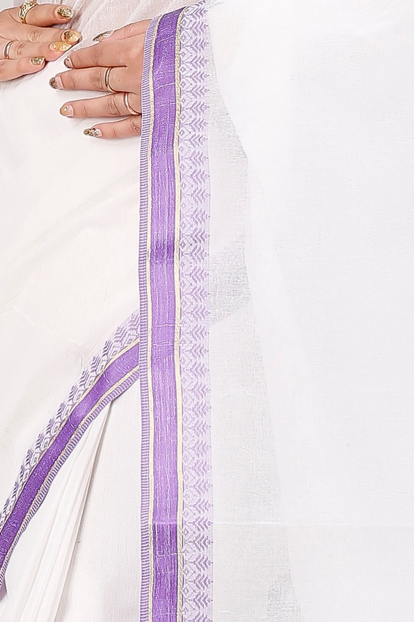 White Purple Pure Cotton Subra Tant Saree (1550)