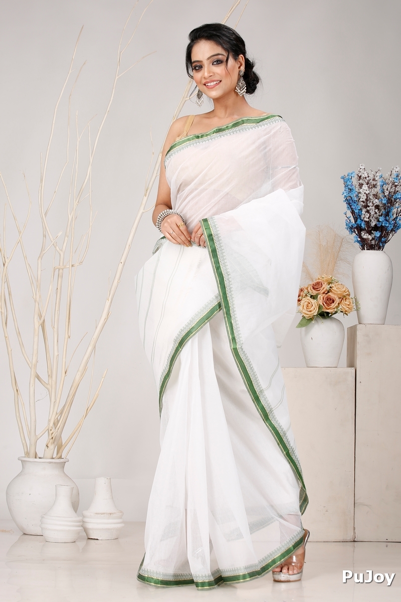 White Green Pure Cotton Subra Tant Saree (1551)