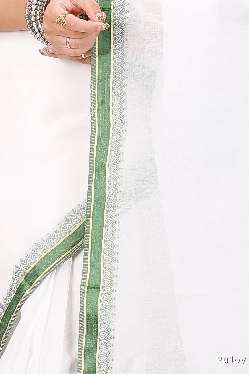 White Green Pure Cotton Subra Tant Saree (1551)
