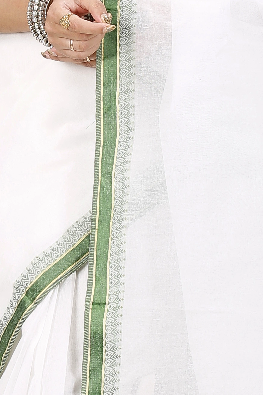 White Green Pure Cotton Subra Tant Saree (1551)