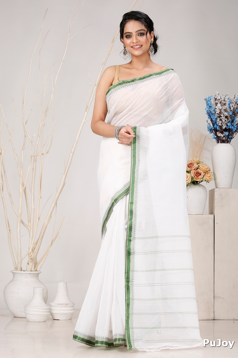 White Green Pure Cotton Subra Tant Saree (1551)