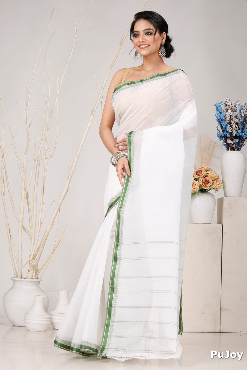 White Green Pure Cotton Subra Tant Saree (1551)