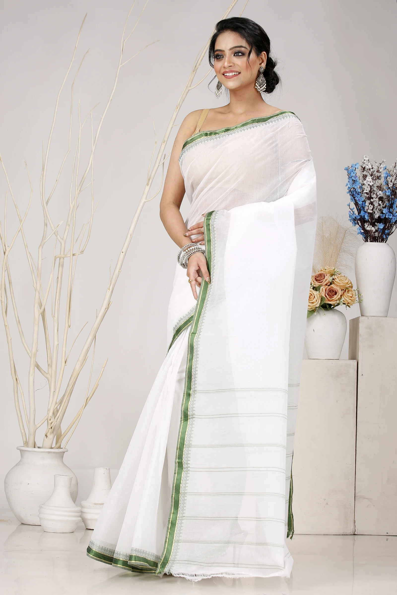 White Green Pure Cotton Subra Tant Saree (1551)