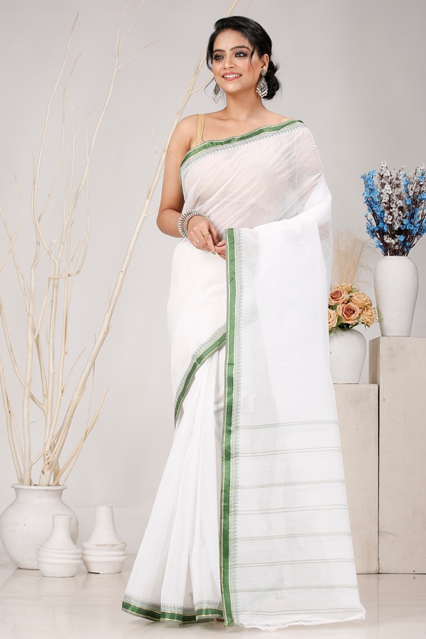 White Green Pure Cotton Subra Tant Saree (1551)