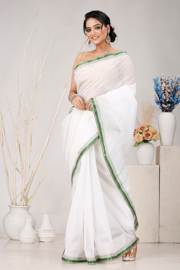 White Green Pure Cotton Subra Tant Saree (1551)