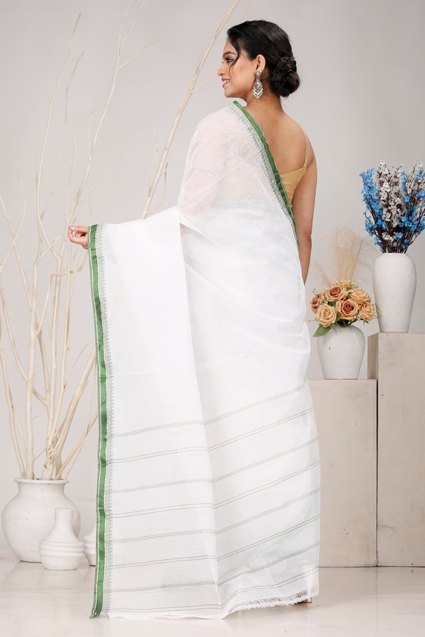 White Green Pure Cotton Subra Tant Saree (1551)