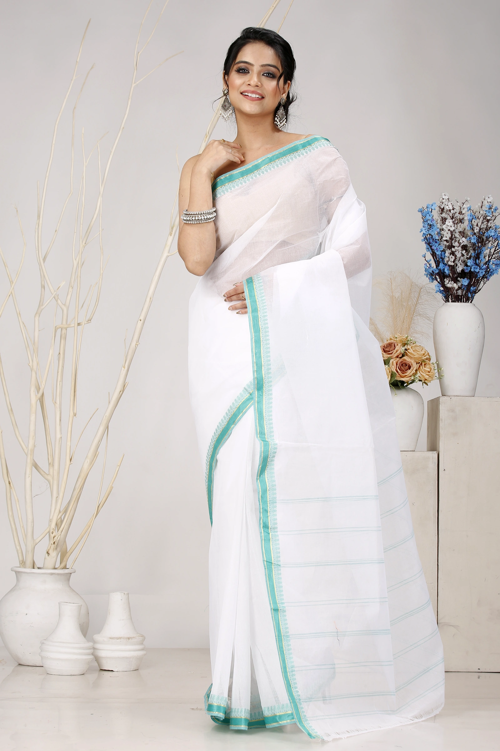 White Light Green Pure Cotton Subra Tant Saree (1552)