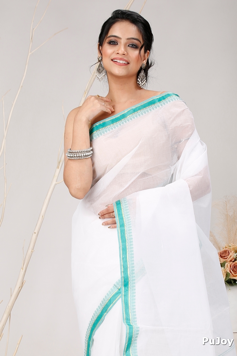 White Light Green Pure Cotton Subra Tant Saree (1552)