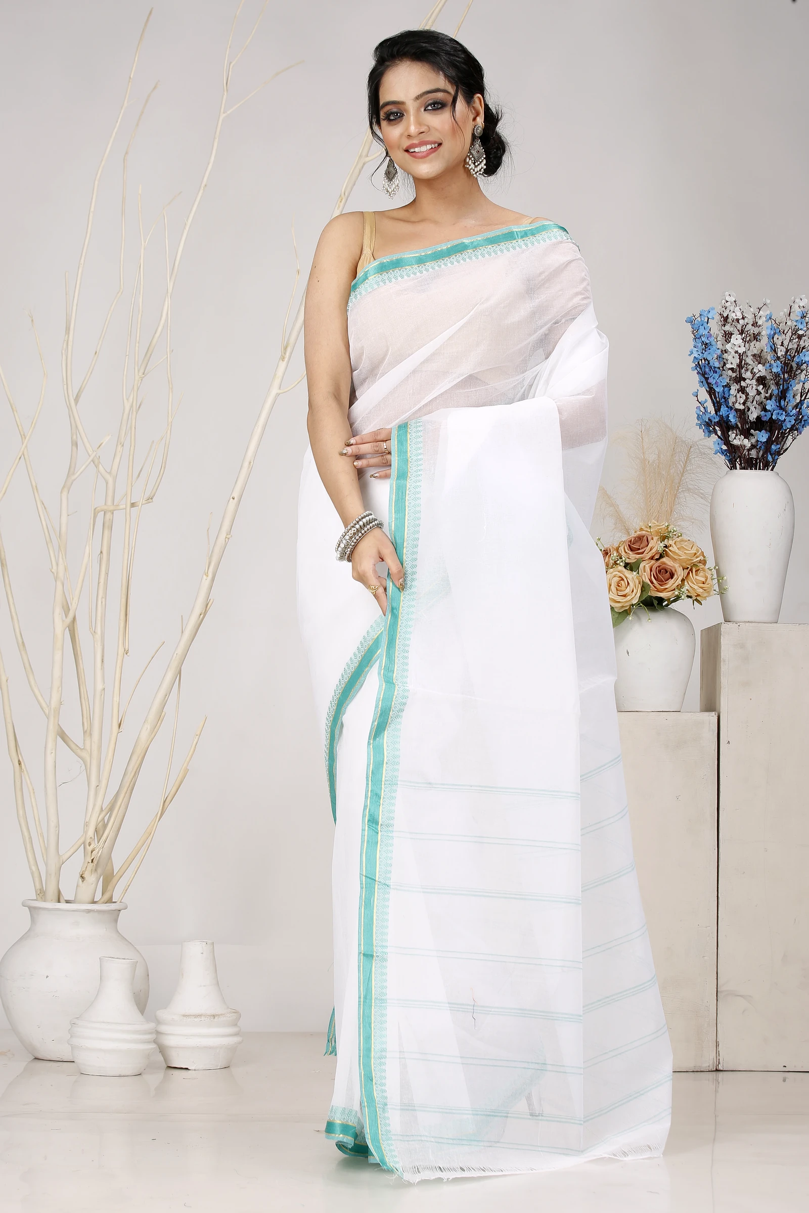White Light Green Pure Cotton Subra Tant Saree (1552)