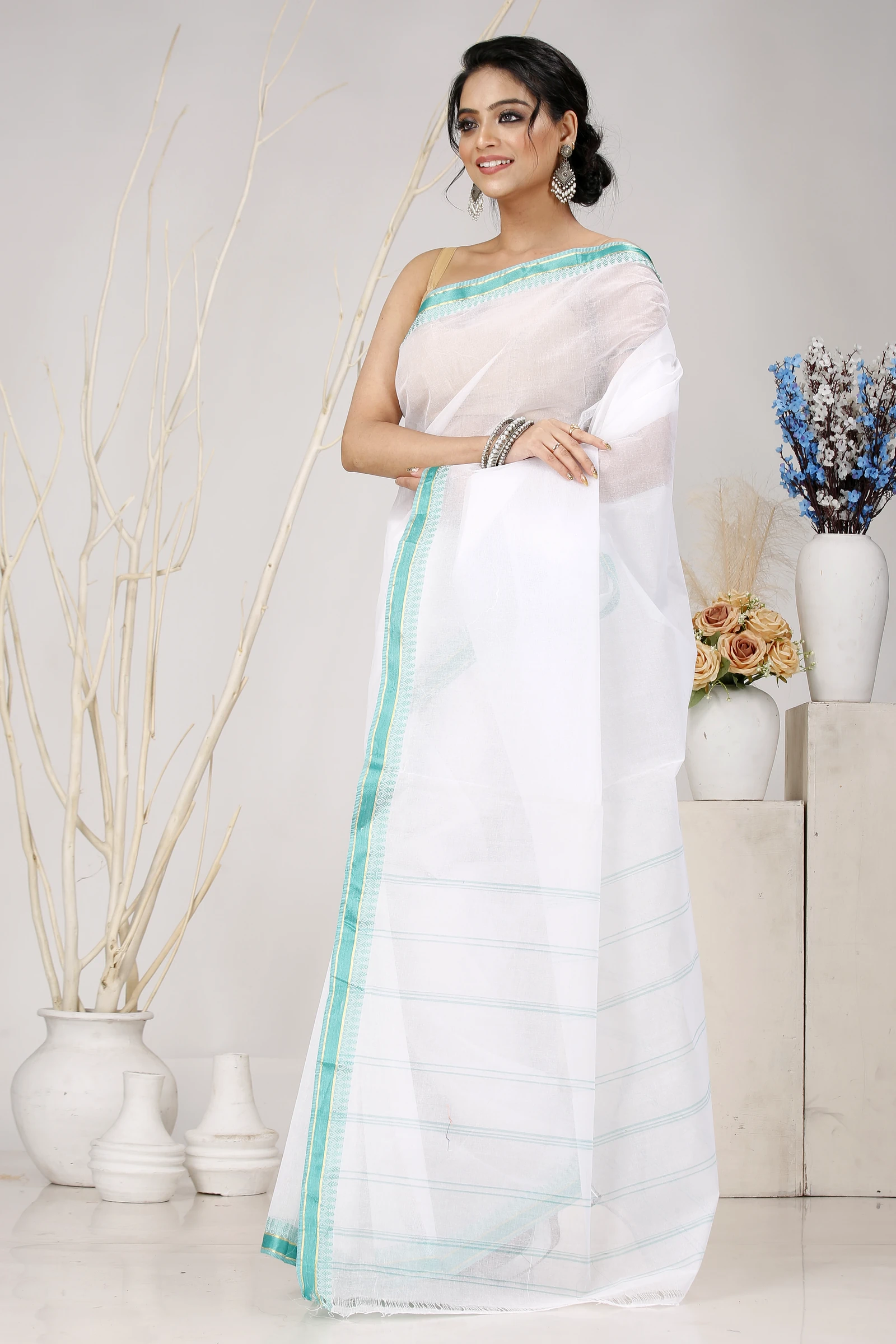 White Light Green Pure Cotton Subra Tant Saree (1552)