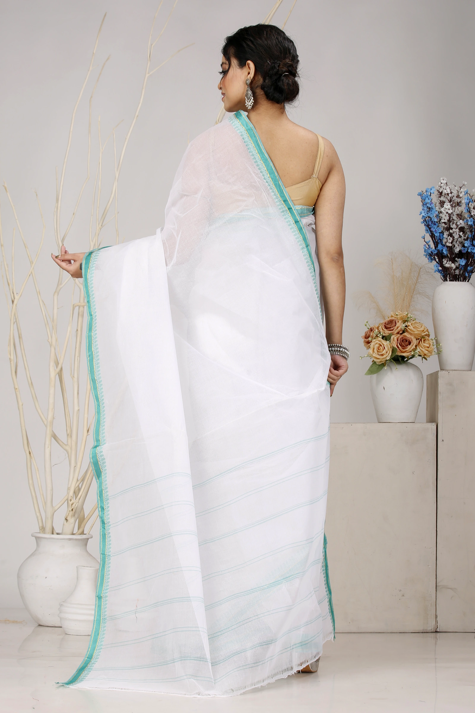 White Light Green Pure Cotton Subra Tant Saree (1552)