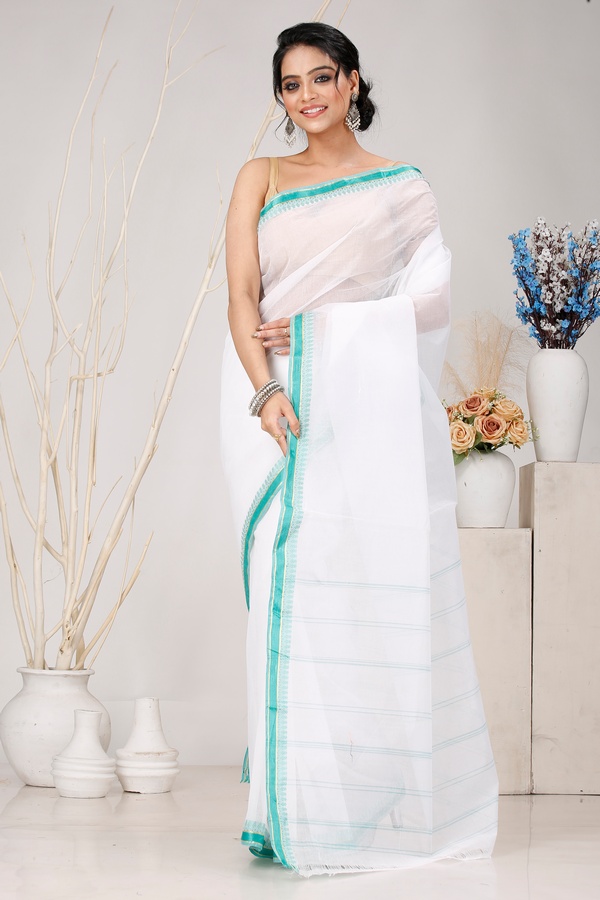 White Light Green Pure Cotton Subra Tant Saree (1552)