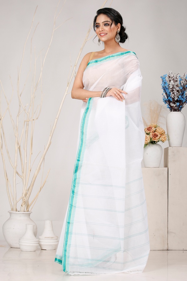 White Light Green Pure Cotton Subra Tant Saree (1552)