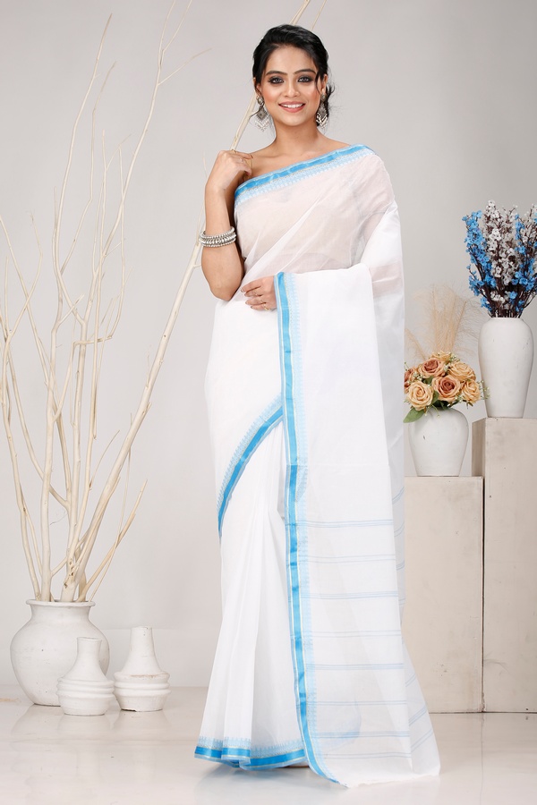White Blue Pure Cotton Subra Tant Saree (1553)