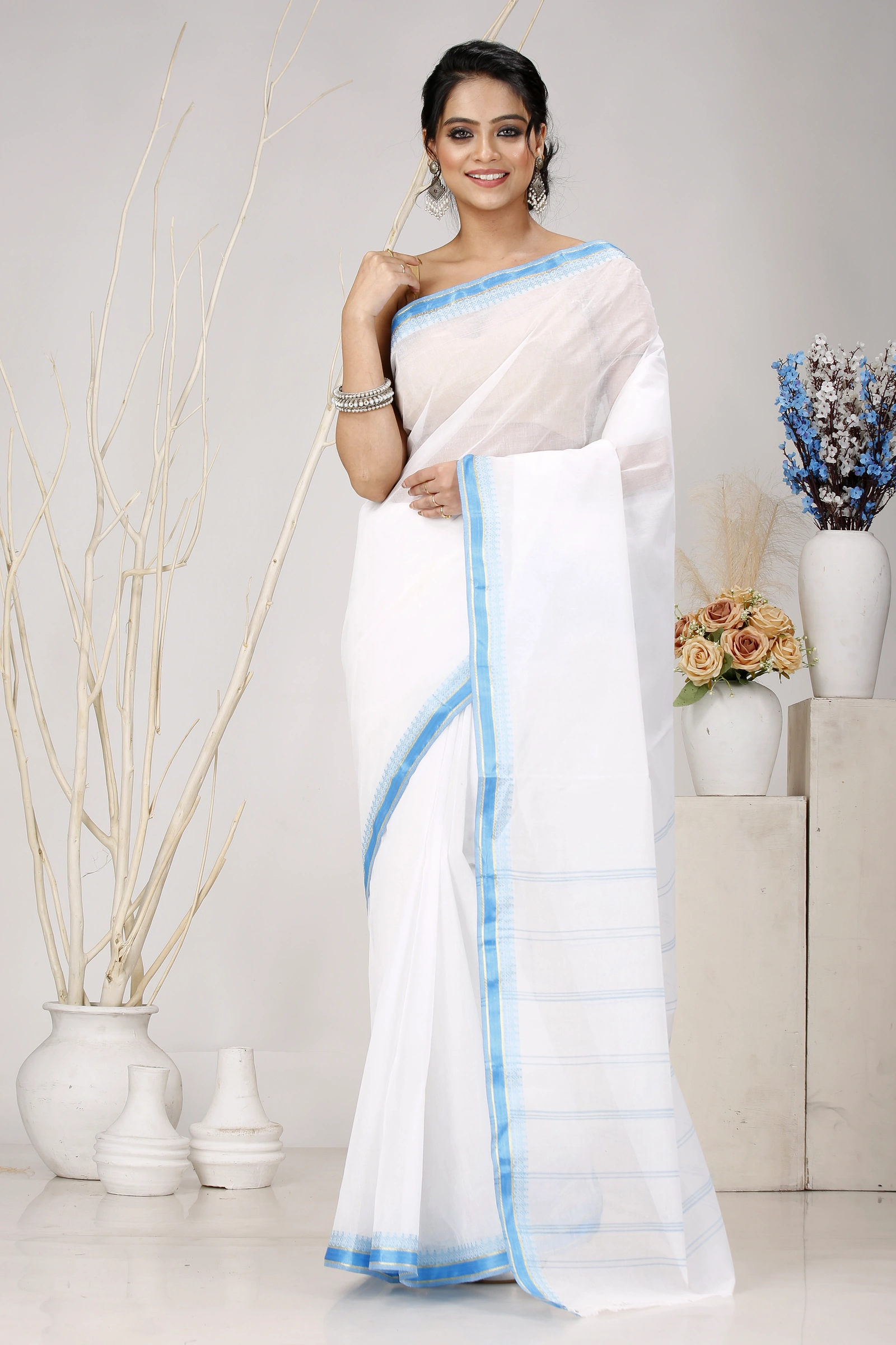 White Blue Pure Cotton Subra Tant Saree (1553)