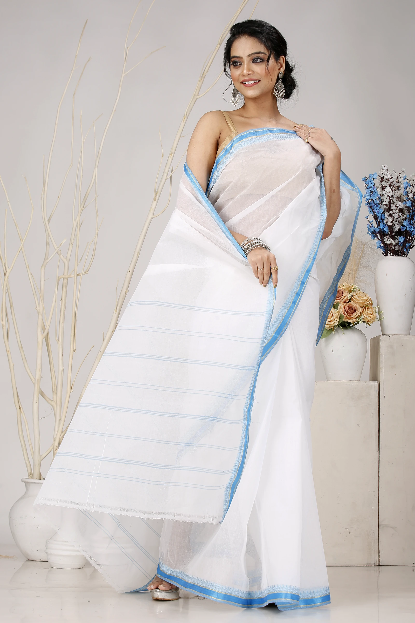 White Blue Pure Cotton Subra Tant Saree (1553)